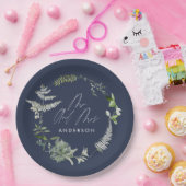 Navy blue elegant moderne botanische scriptbruilof papieren bordje (Feest)