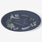 Navy blue elegant moderne botanische scriptbruilof papieren bordje (Gekanteld)
