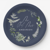 Navy blue elegant moderne botanische scriptbruilof papieren bordje (Voorkant)