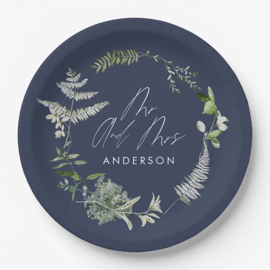 Navy blue elegant moderne botanische scriptbruilof papieren bordje (Voorkant)