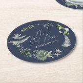 Navy blue elegant moderne botanische scriptbruilof ronde kartonnen onderzetter (Gebogen)