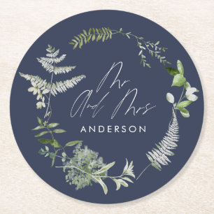 Navy blue elegant moderne botanische scriptbruilof ronde kartonnen onderzetter