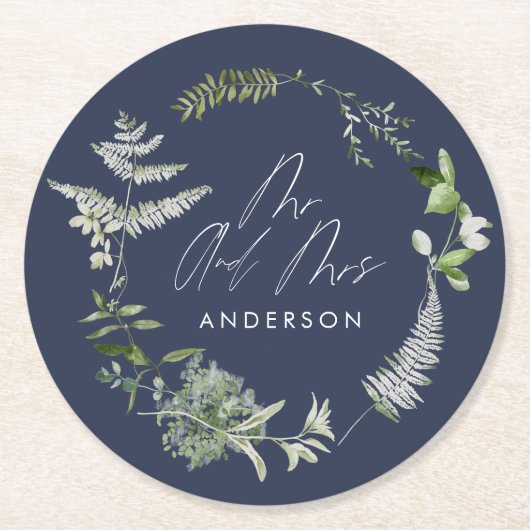 Navy blue elegant moderne botanische scriptbruilof ronde kartonnen onderzetter (Voorkant)