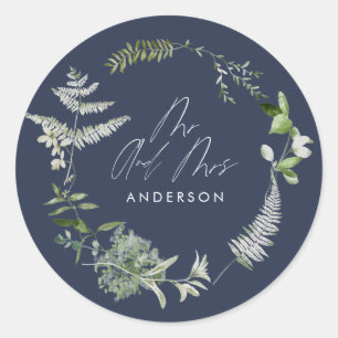 Navy blue elegant moderne botanische scriptbruilof ronde sticker