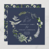 Navy blue elegant moderne botanische scriptbruilof save the date (Voorkant / Achterkant)