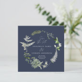 Navy blue elegant moderne botanische scriptbruilof save the date (Staand voorkant)