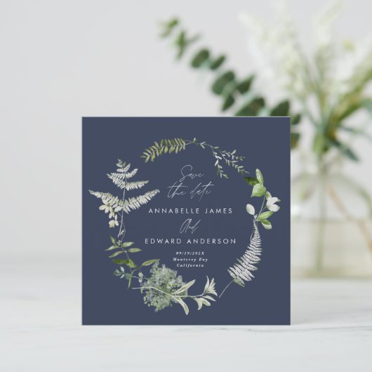 Navy blue elegant moderne botanische scriptbruilof save the date (Staand voorkant)