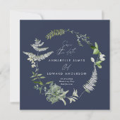 Navy blue elegant moderne botanische scriptbruilof save the date (Voorkant)