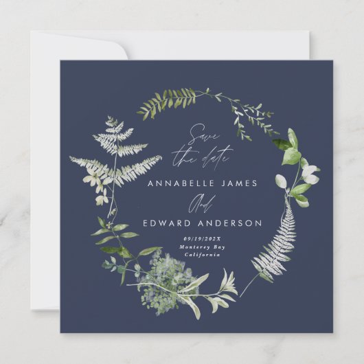 Navy blue elegant moderne botanische scriptbruilof save the date (Voorkant)