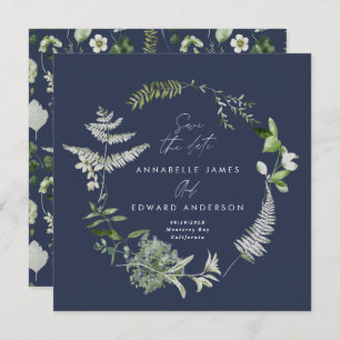 Navy blue elegant moderne botanische scriptbruilof save the date