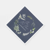 Navy blue elegant moderne botanische scriptbruilof servet (Hoek)