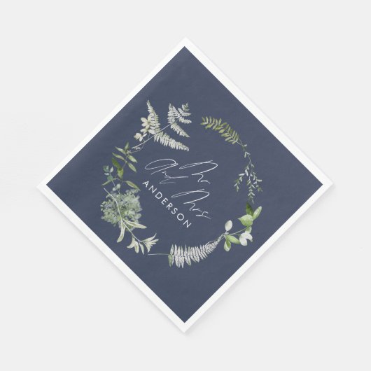 Navy blue elegant moderne botanische scriptbruilof servet (Hoek)