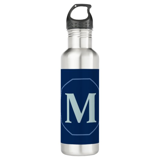 Navy Blue elegant monogram gepersonaliseerd Waterfles (Voorkant)