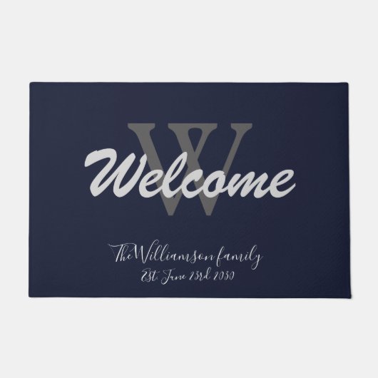 Navy Blue Elegant Monogram Name Weddenschap Welkom Deurmat (Voorkant)