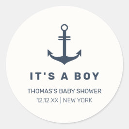 Navy Blue Elegant Nautisch Anker Baby shower Ronde Sticker