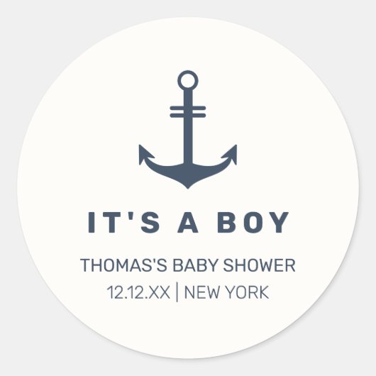Navy Blue Elegant Nautisch Anker Baby shower Ronde Sticker (Voorkant)