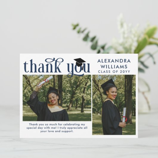 Navy Blue Elegant Overlay Foto Afstuderen Bedankkaart (Staand voorkant)