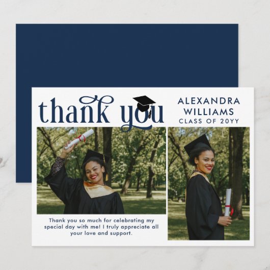 Navy Blue Elegant Overlay Foto Afstuderen Bedankkaart (Voorkant / Achterkant)