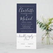 Navy Blue Elegant Script All-in-One Weddenschap Kaart (Staand voorkant)