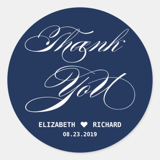 Navy Blue Elegant Script Dank u voor uw huwelijksg Ronde Sticker (Voorkant)