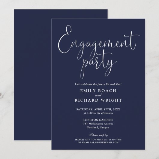 Navy Blue Elegant Script Engagement Party Kaart (Voorkant / Achterkant)