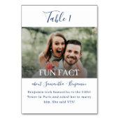 Navy Blue Elegant Script Fun Facts Photo Weddensch Kaart (Voorkant)