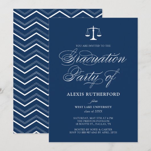 Navy Blue Elegant Script Law School Afstuderen Kaart (Voorkant / Achterkant)