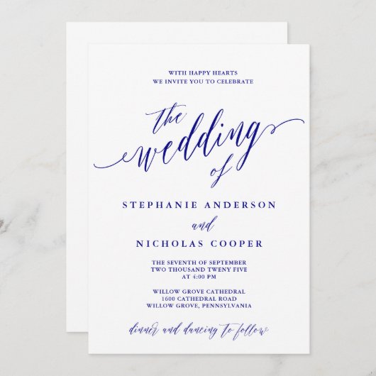 Navy Blue Elegant Script uitnodiging (Voorkant / Achterkant)