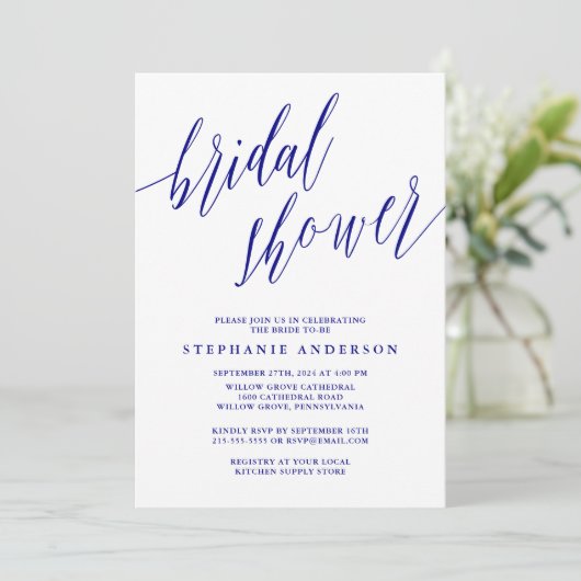 Navy Blue Elegant Script uitnodiging (Staand voorkant)