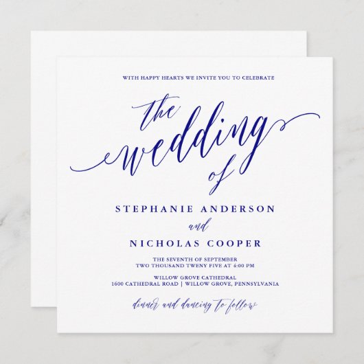 Navy Blue Elegant Script uitnodiging (Voorkant / Achterkant)
