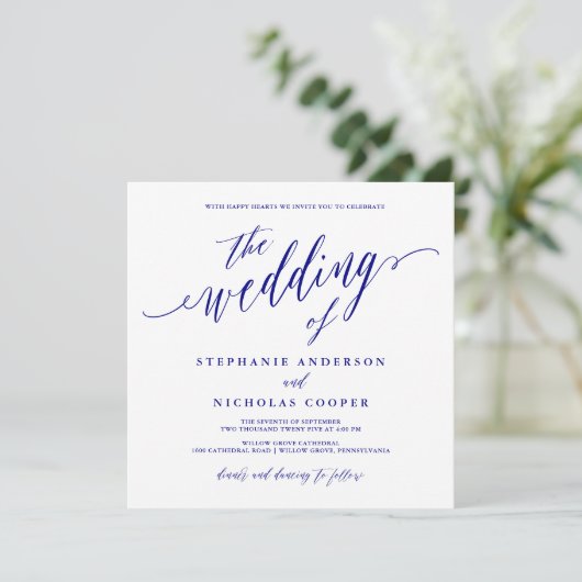 Navy Blue Elegant Script uitnodiging (Staand voorkant)