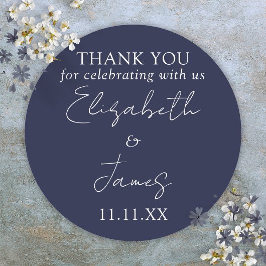Navy Blue Elegant Script Wedding Bedankt Ronde Sticker