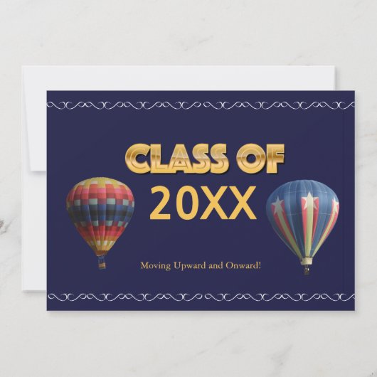 Navy Blue Elegant Scroll Hot Air Ballon Afstudeerd Aankondiging (Achterkant)
