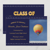 Navy Blue Elegant Scroll Hot Air Ballon Afstudeerd Aankondiging (Voorkant / Achterkant)