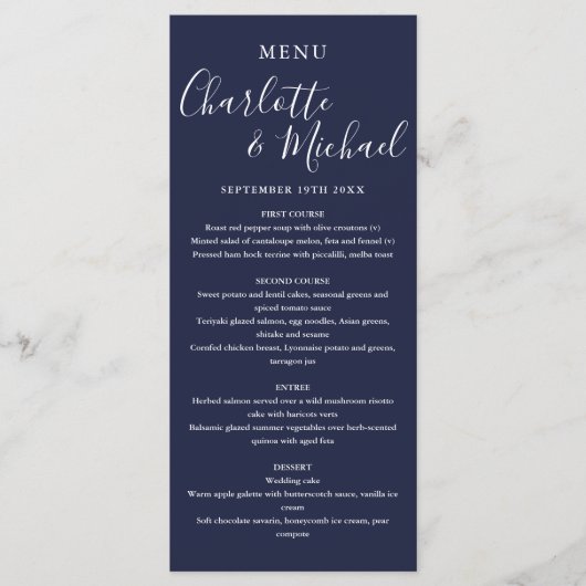 Navy Blue Elegant Signature Script Weddenschap Menu (Voorkant)