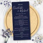 Navy Blue Elegant Signature Script Weddenschap Menu<br><div class="desc">Deze elegante menukaart kan worden gepersonaliseerd met uw details in witte letters. Ontworpen door: Thisnotme©</div>