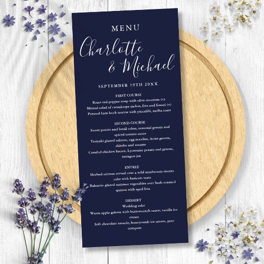 Navy Blue Elegant Signature Script Weddenschap Menu