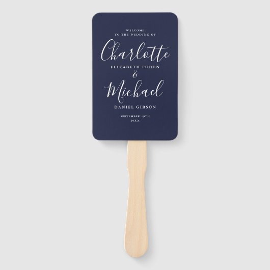 Navy Blue Elegant Signature Script Wedding Program Handwaaier (Voorkant)