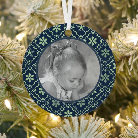 Navy Blue Elegant Snowflake Fotokerstmetaal Metalen Ornament (Insitu)