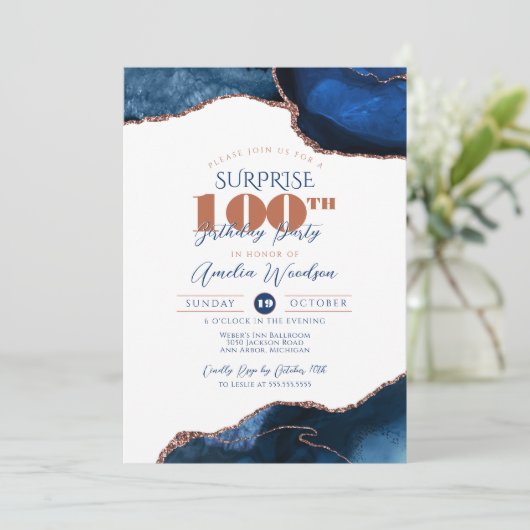 Navy Blue Elegant Surprise Adult 100th Birthday Kaart (Staand voorkant)