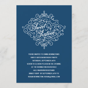 Navy Blue Elegant Sweet 16 Birthday Party Kaart