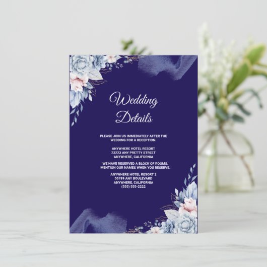 Navy blue elegant wedding informatiekaartje (Staand voorkant)