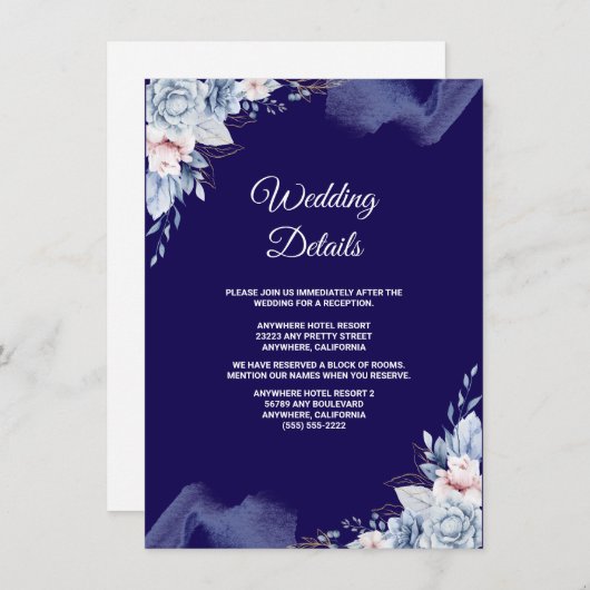 Navy blue elegant wedding informatiekaartje (Voorkant / Achterkant)