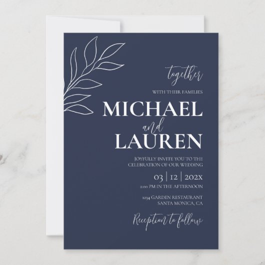 Navy Blue Elegant Wedding Invitation Kaart (Voorkant)
