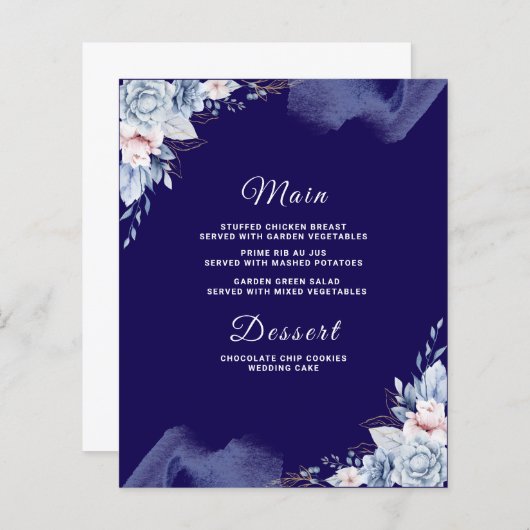 Navy blue elegant wedding Menu card (Voorkant / Achterkant)
