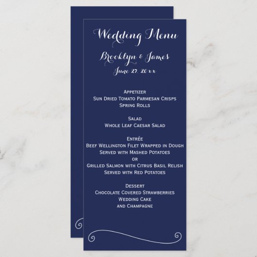 Navy Blue Elegant Wedding Menu Kaart (Voorkant / Achterkant)