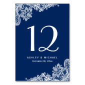 Navy Blue Elegant White Lace Wedding Table Number Kaart (Achterkant)