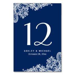 Navy Blue Elegant White Lace Wedding Table Number Kaart