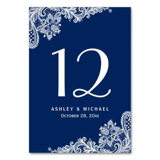 Navy Blue Elegant White Lace Wedding Table Number Kaart (Voorkant)