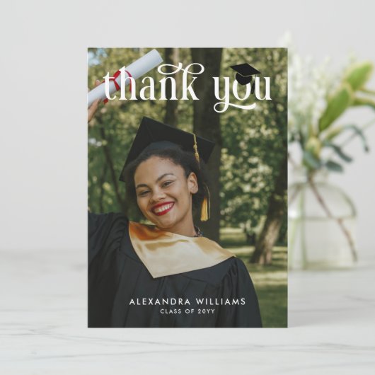Navy Blue Elegant White Overlay Foto Afstuderen Bedankkaart (Staand voorkant)